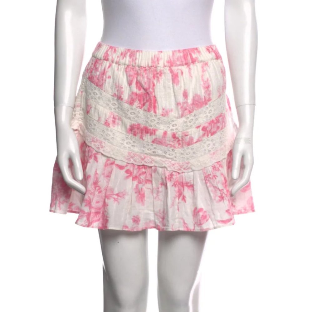 LoveShackFancy Cove Mini Skirt Pink White Bouquet Floral Print Lace - Size P